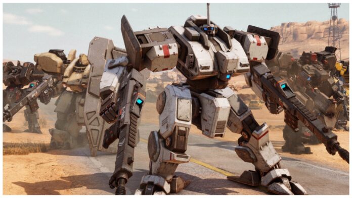 Feature image for our mecharashi mech tier list showing several mechs in a sandy outpost with one in the front holding a large beamer gun