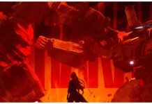 Mecharashi Pilot Tier List – Release Rankings Including Pilot Class/Faction! Feature image for our mecharashi pilot tier list showing the behind of a character as she watches two giant mechs cast in a vibrant red light battle for a victor