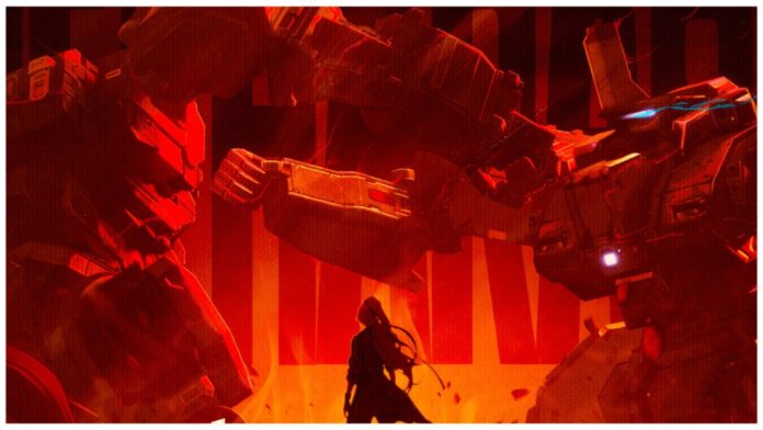 Feature image for our mecharashi pilot tier list showing the behind of a character as she watches two giant mechs cast in a vibrant red light battle for a victor