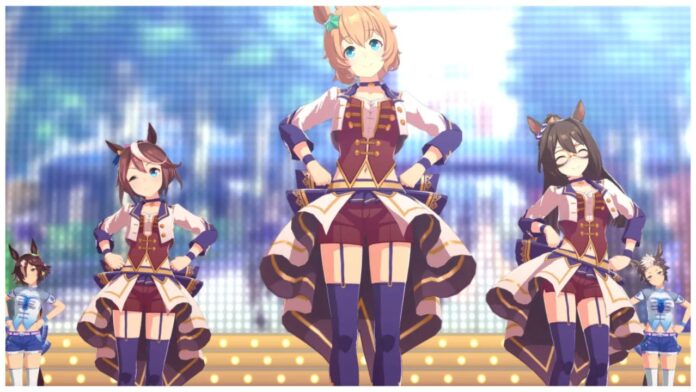 Feature image for our uma musume error code 390 guide showing a bunch of girls in the same uniform with their hands on their hips ready to perform