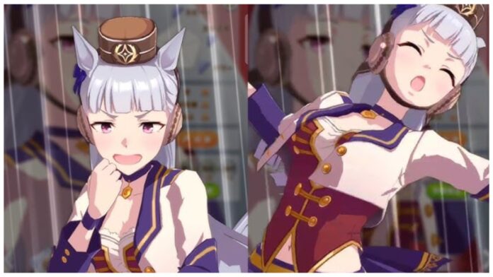 Feature image for our uma musume pretty derby sparks guide showing gold ship from in-game on the left and right as she celebrates and smiles