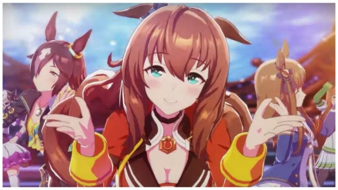 Feature image for our uma musume pretty derby support tier list showing three characters in frame with the one in the centre holding her hands outwards in a shrug as she smiles and leans into the camera