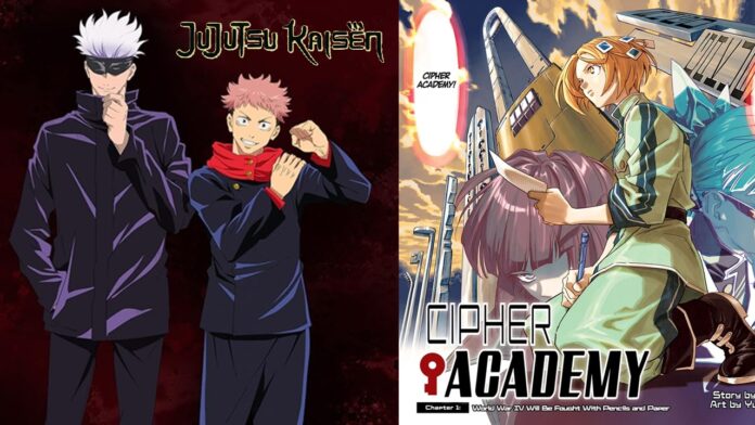 featured image for our news on Akutami Gege and Yuji Iwasaki new manga. It shows two promotional images, one is of JJK, the other is of Cypher Academy.