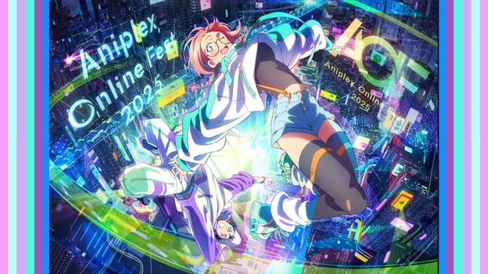 featured image for our news on Aniplex Online Fest 2025. It shows a girl and a guy free-falling in the air. The girl is also winking at the viewers. Below them is a city full of bright and neon lights.