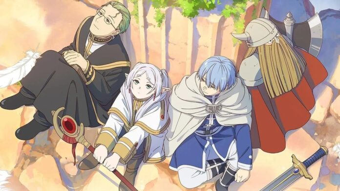 featured image for our news on Frieren: Beyond Journey’s End prequel. It shows the four main characters of the series sitting and looking towards the sky.