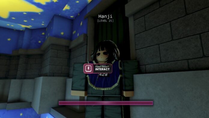 Feature image for our How to Barricade Doors in Ink Game Hide and Seek guide. Image shows a character standing near a door in a dark room with stars on the ceiling.