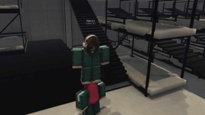 Feature image for our Ink Game Parkour Artist guide. Image shows bunkbeds in the background and one player standing on another's head.