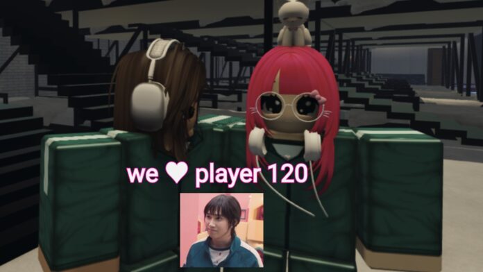 Feature image for our Ink Game Player 120 guide. Image shows two characters standing near each other with the words 'We love Player 120' and a picture of a Player 120 from Squid Game.