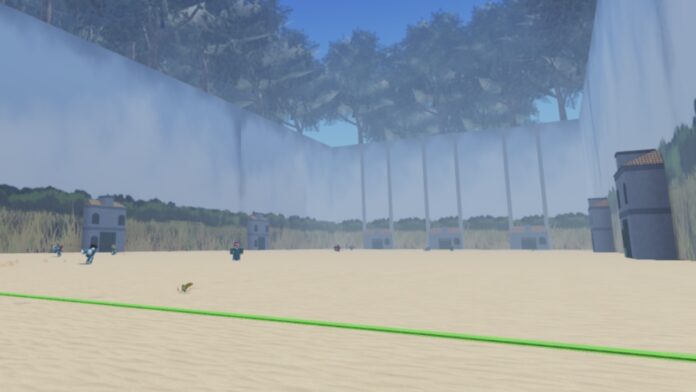 Feature image for our Ink Game Tactical Espionage Emote guide. Image shows a large room with trees and sand.