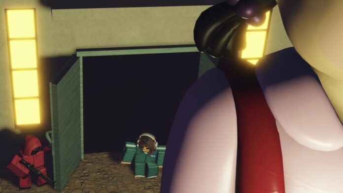 Feature image for our Ink Game The Doctor guide. Image shows a character walking into a room with a large doll standing at the front and an NPC guard near the door holding a gun.