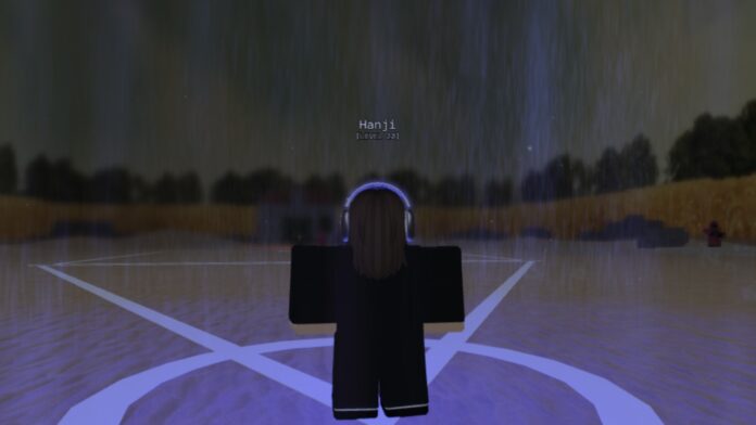 Feature image for our Ink Game Update guide. Image shows the back of a character standing in an open field with rain falling.