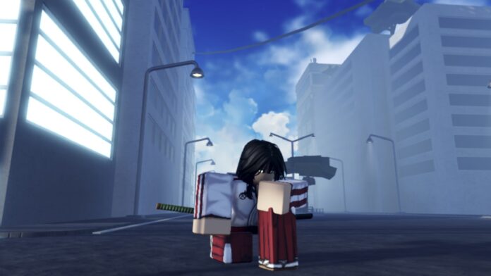 Feature image for our Type Soul Vow of Fist guide. Image shows a character kneeling on the ground with buildings behind her.