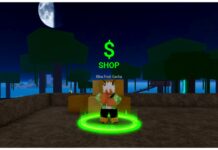 How To Get Blox Fruits Purple Lightning Feature image for our blox fruits purple lightning guide showing the shop merchant in the jungle at night time