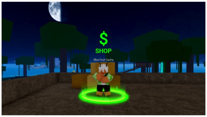 Feature image for our blox fruits purple lightning guide showing the shop merchant in the jungle at night time