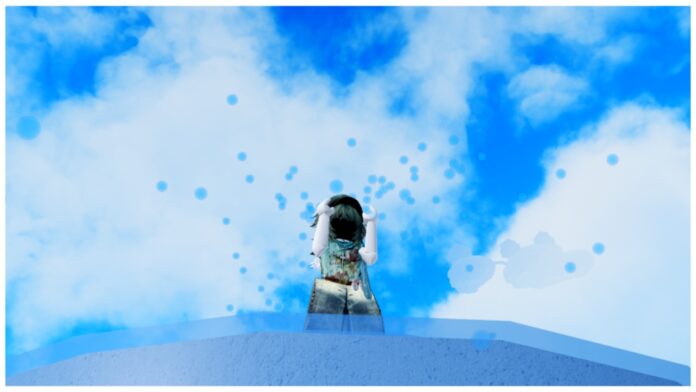 Feature image for our blox fruits rod enchants guide showing a player with their fists raised as they stand on a fountain spitting water above and around their head