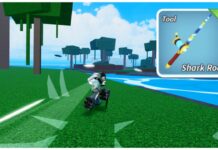 Is The Blox Fruits Shark Rod The Best To Choose? Feature image for our blox fruits shark rod guide showing a player dashing forwards and a png of the rod in the top right