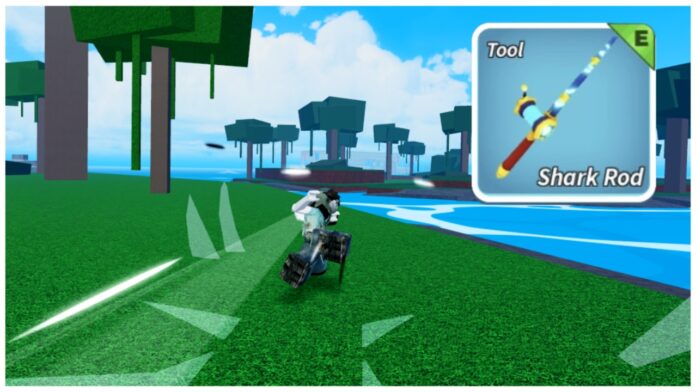 Feature image for our blox fruits shark rod guide showing a player dashing forwards and a png of the rod in the top right