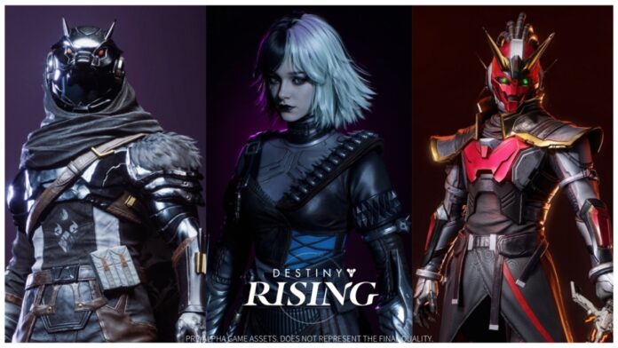 Feature image for our destiny rising tier list showing three characters in a collage with the destiny rising game name logo at the bottom in white