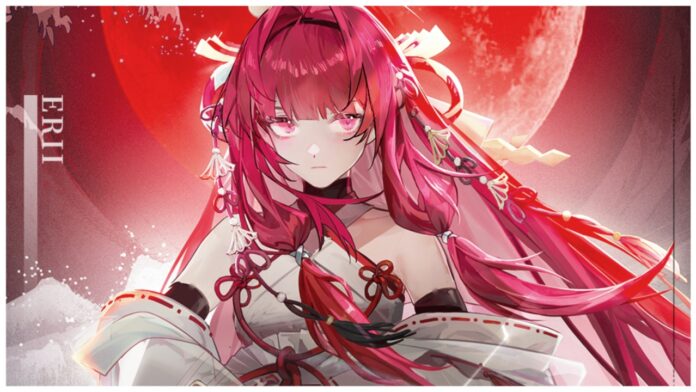 Feature image for our dragon raja rerise ally tier list showing erii looking to the camera with an unimpressed face. She has wide pink eyes and a lot of red hair adorned with ribbons and accessories