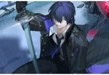 Official Release Dragon Raja Rerise Codes – MARCH 2026 Feature image for our dragon raja rerise codes guide showing a male character with blue hair in a suit crouching in the rain with his hand resting on the handle of a sword used to stabilise his balance