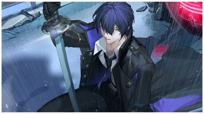 Feature image for our dragon raja rerise codes guide showing a male character with blue hair in a suit crouching in the rain with his hand resting on the handle of a sword used to stabilise his balance