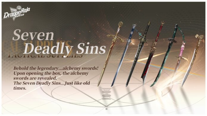 Feature image for our dragon raja rerise weapons tier list showing the seven deadly sins weapons in a line with a small description on what they are