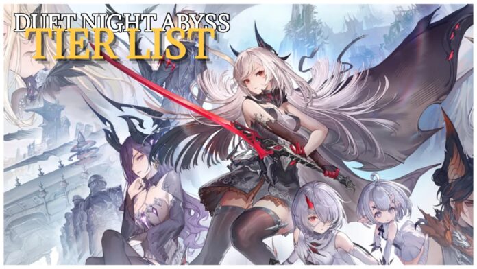 Feature image for our duet night abyss tier list showing an array of characters on the screen with text on the left reading 