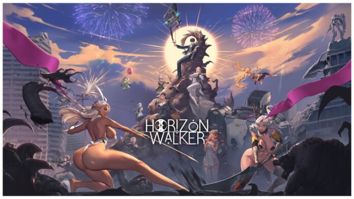 Feature image for our horizon walker tier list showing an array of characters surrounding a focal point of a tall stone pillar with the main character sitting at the top