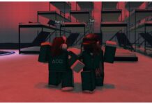 How To Get The Mingle Dance in Ink Game Feature image for our how to get the mingle dance in ink game guide showing two players linking arms with vibrant red flood lights illuminating the map around them as they skip in a circle