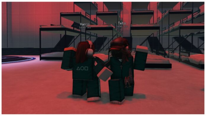Feature image for our how to get the mingle dance in ink game guide showing two players linking arms with vibrant red flood lights illuminating the map around them as they skip in a circle