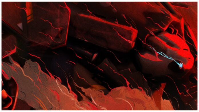 Feature image for our mecharashi weapons tier list showing a mech dappled in a vibrant red lighting as steam emits from its body