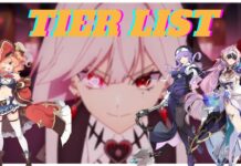 JP Release OZ Re:write Tier List Feature image for our oz rewrite tier list showing a blurred background of a character with image pngs of three different women in front of the illustration and tier list written at the top centre