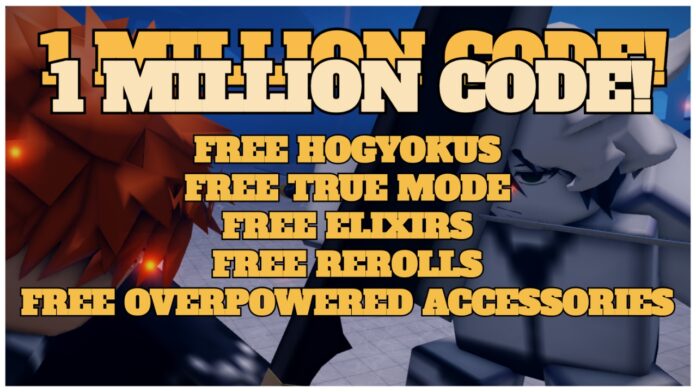 Feature image for our type soul 1 million code guide showing an image of two characters fighting with an overlay of text to describe the code rewards