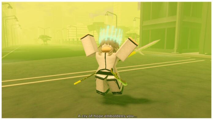 Feature image for our type soul trading server guide showing a player cheering in a yellowed karakura town with the cry of hope message at the bottom of the screen