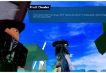 Vox Seas Fruit Tier List – August 2025 Rankings! Feature image for our vox seas fruit tier list showing a player speaking to a fruit dealer with dialogue in a box at the top of the screen above both characters