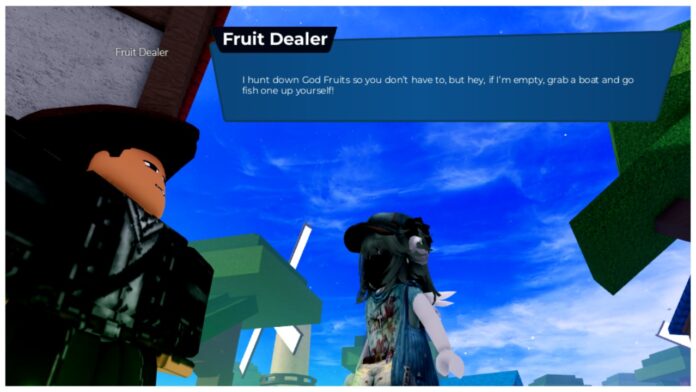 Feature image for our vox seas fruit tier list showing a player speaking to a fruit dealer with dialogue in a box at the top of the screen above both characters