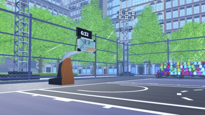 Feature image for our Basketball Zero Chrollo guide. Image shows a basketball court with a hoop.