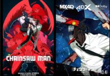 Chainsaw Man – The Movie: Reze Arc Drops New English Trailers Ahead of Release featured image for our news on Chainsaw Man English. It shows two posters for the movie, one is in Japanese, the other is in English.
