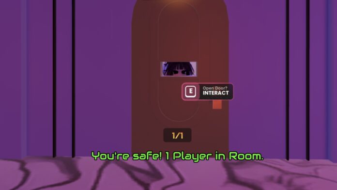 Feature image for our Ink Game Teleporting Gambit guide. Image shows a character behind a door with their eyes peeking out from a small window.