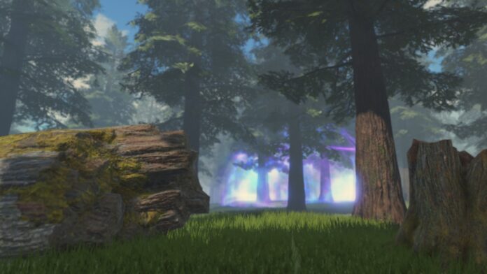 Feature image for our Reborn Cultivation Accessories guide showing a forest with trees and a bight light in the distance.