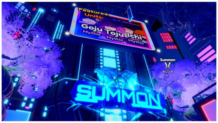 Feature image for our anime crusaders tier list showing the summons area with the jjk themed banner on display within a bright billboard above the blue summons lettering