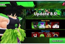 Anime Vanguards Update 8.5 Tier List Feature image for our anime vanguards update 8.5 tier list showing the broly unit on the left with a small icon for each of the four new units beside him