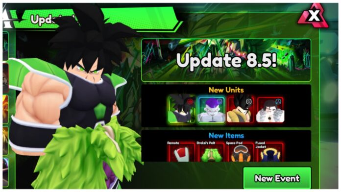 Feature image for our anime vanguards update 8.5 tier list showing the broly unit on the left with a small icon for each of the four new units beside him