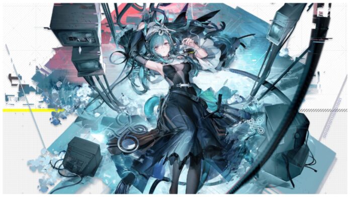 Feature image for our arknights endfield operators tier list showing xaihi lay on a white floor with blue splotches and grey wiring under her. She has an arm raised above her head whilst the other rests closer to her face.