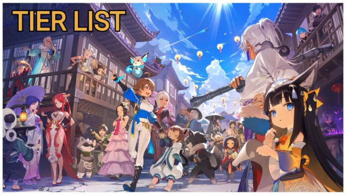 Feature image for our blade and soul heroes tier list showing a variety of the cast in a town on a sunny day