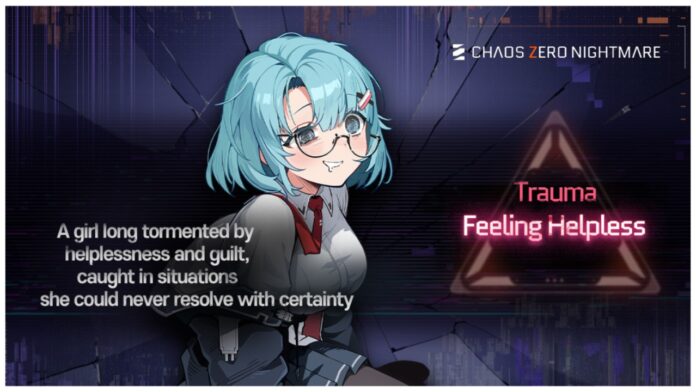 Feature image for our chaos zero nightmare breakdown guide showing mika looking disgruntled and spaced out sitting down against a dark blue background with her breakdown information surrounding her body
