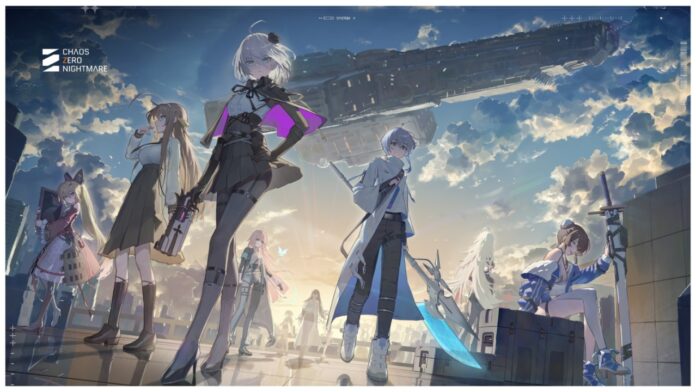 Feature image for our chaos zero nightmare combatant tier list showing a roster of characters walking away from the sunrise with a large space battleship hovering in the sky behind them