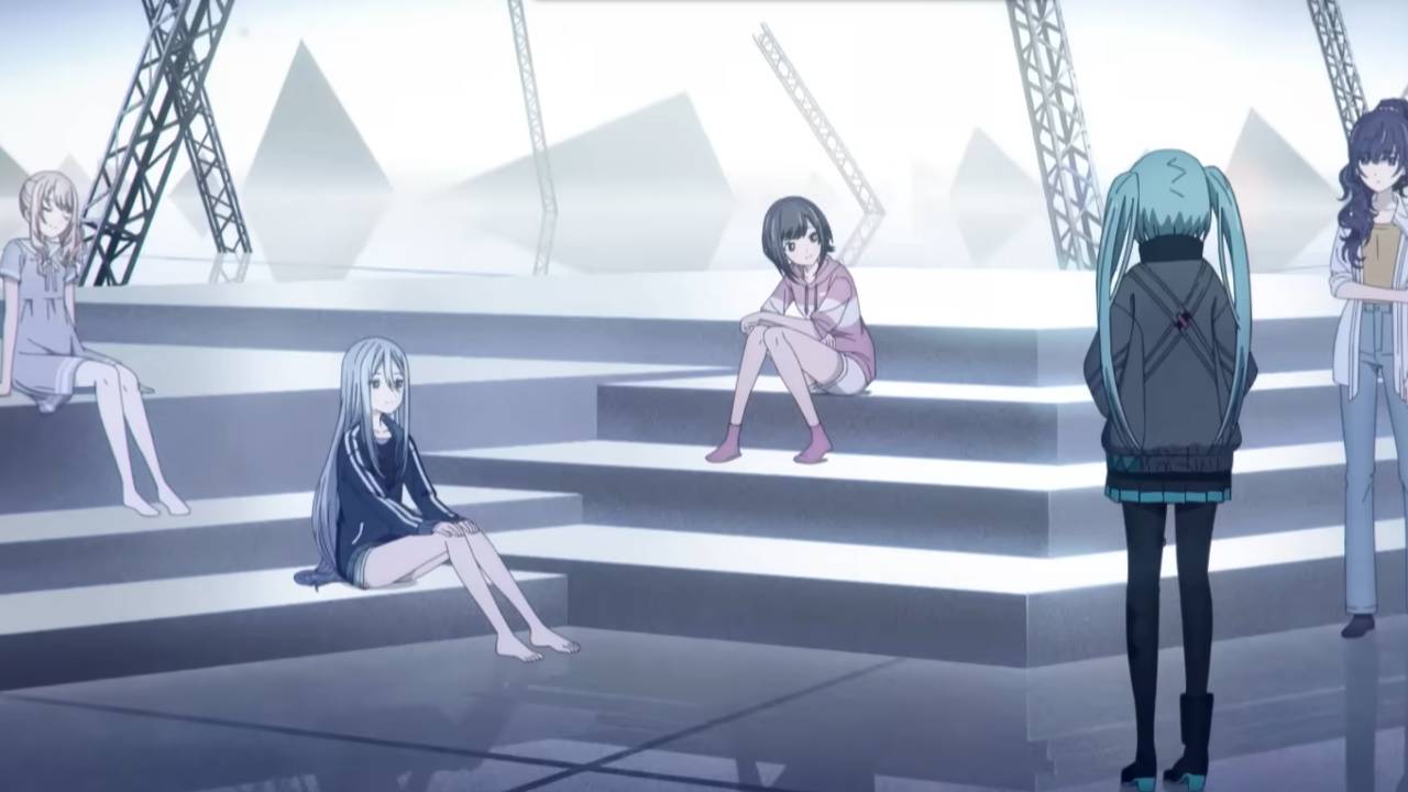 image shows the back of the main miku from the movie with a series of characters sitting on pale white stairs in front of her