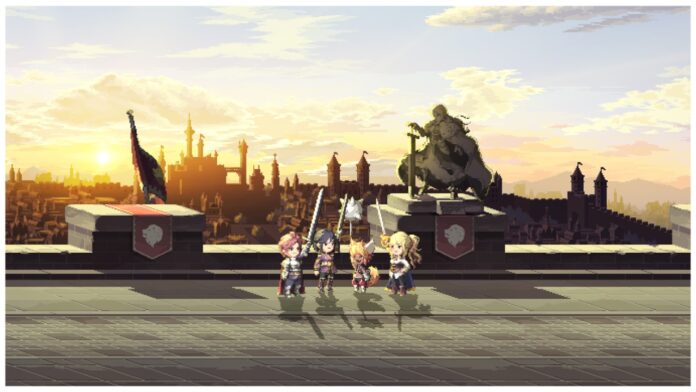 Feature image for our goddess order codes guide showing a pixel scene on top of a cobbled bridge with the sun setting in the background as four pixel chibi characters talk in front of a stone statue
