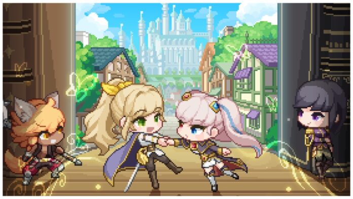 Feature image for our goddess order pve tier list showing two characters in a chibi pixel style in the centre of the screen. The blonde lady on the left is dragging the pink haired girl excitedly